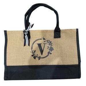 Personalized Initial V Jute Burlap Bag Tote Monogrammed Black Tan